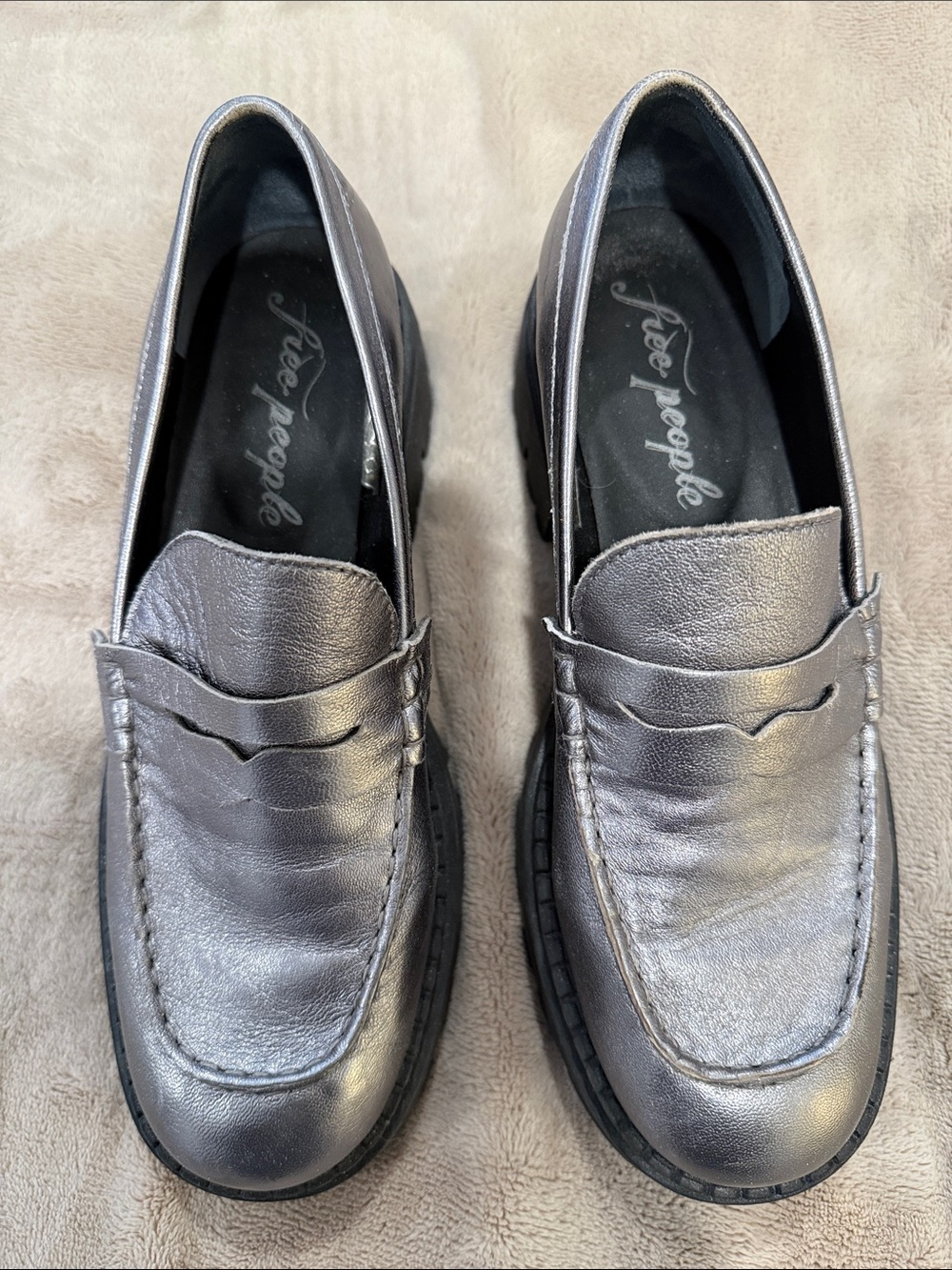 Free People Metallic Silver Leather Penny Loafers
